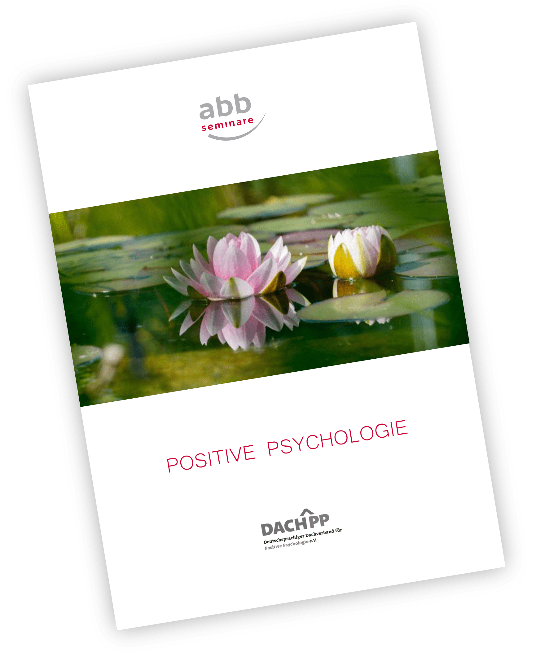 Titelbildvorschau Broschüre Positive Psychologie: "Ausbildung Positive Psychologie" mit abb-seminare Logo und Titelbild der Ausbildung